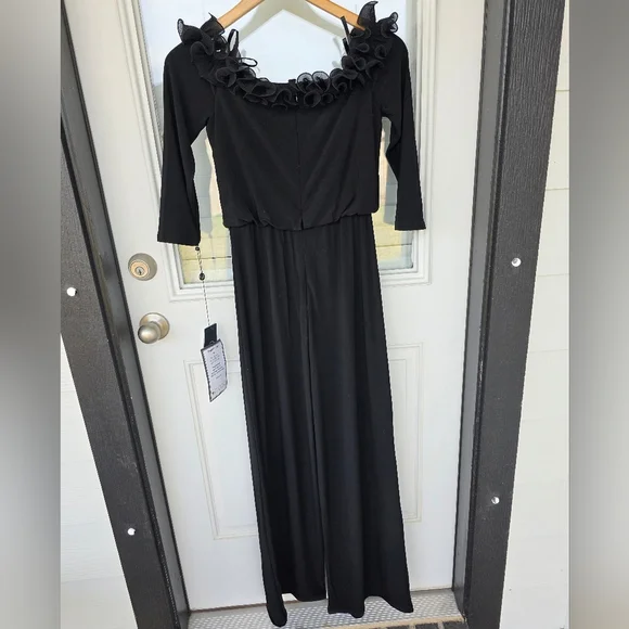 Adrianna Papell Women Jumpsuit Sz 2 Black Chiffon Ruffle Wide Leg NWT Cocktail - Picture 8 of 10